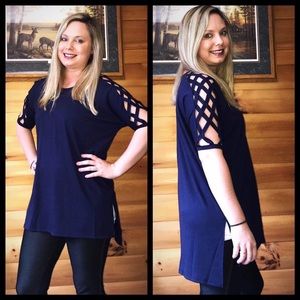 Navy crisscross Shoulder top NEW NEVER WORN
